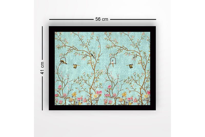 Innrammet lerret i tre - 41x56 cm - Fargerik komposisjon med fugler og blomster i et frodig miljø - Blå / Rosa / Grønn - Innredning - Bilder & kunst