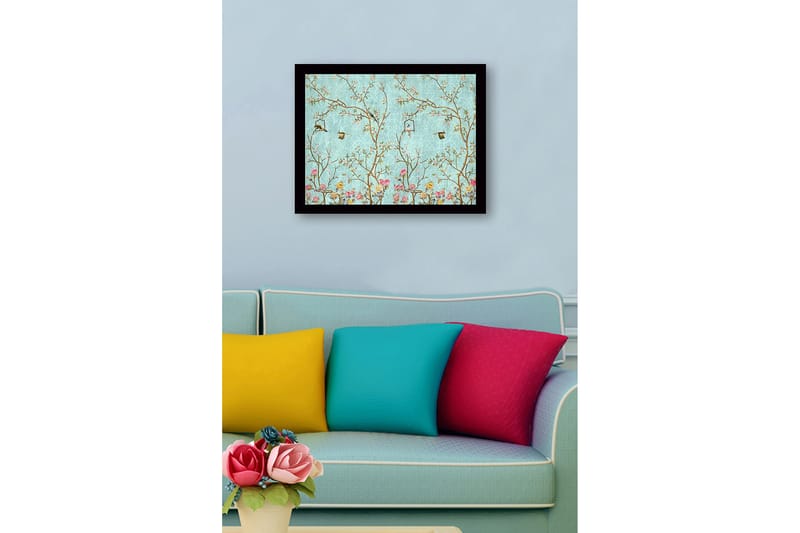 Innrammet lerret i tre - 41x56 cm - Fargerik komposisjon med fugler og blomster i et frodig miljø - Blå / Rosa / Grønn - Innredning - Bilder & kunst