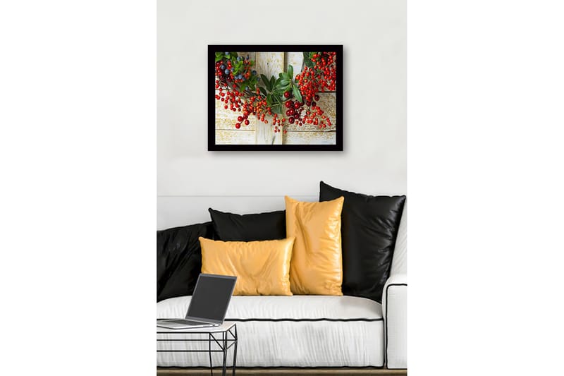 Innrammet lerret i tre - 41x56 cm - Fargerik krans av bær og grønne blader - Rød / Grønn / Blå - Innredning - Bilder & kunst
