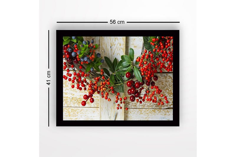 Innrammet lerret i tre - 41x56 cm - Fargerik krans av bær og grønne blader - Rød / Grønn / Blå - Innredning - Bilder & kunst