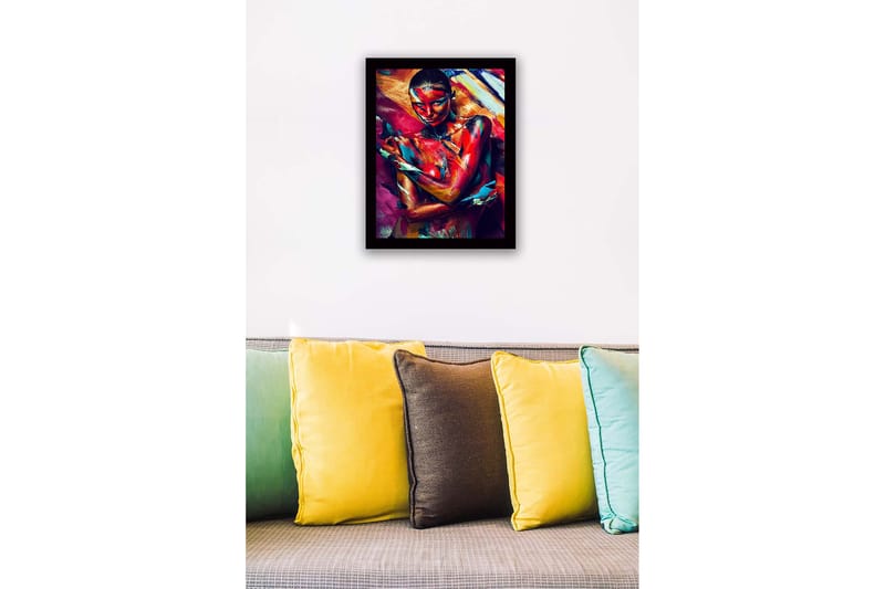 Innrammet lerret i tre - 41x56 cm - Fargerik kroppsmaling av en kvinne som uttrykker følelser gjennom bevegelse og farge - Rød / Blå / Gul - Innredning - Bilder & kunst