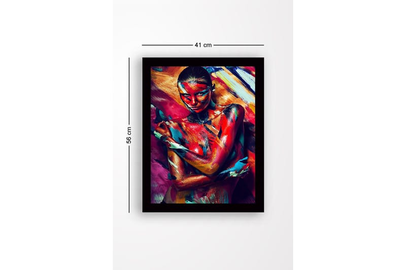 Innrammet lerret i tre - 41x56 cm - Fargerik kroppsmaling av en kvinne som uttrykker følelser gjennom bevegelse og farge - Rød / Blå / Gul - Innredning - Bilder & kunst