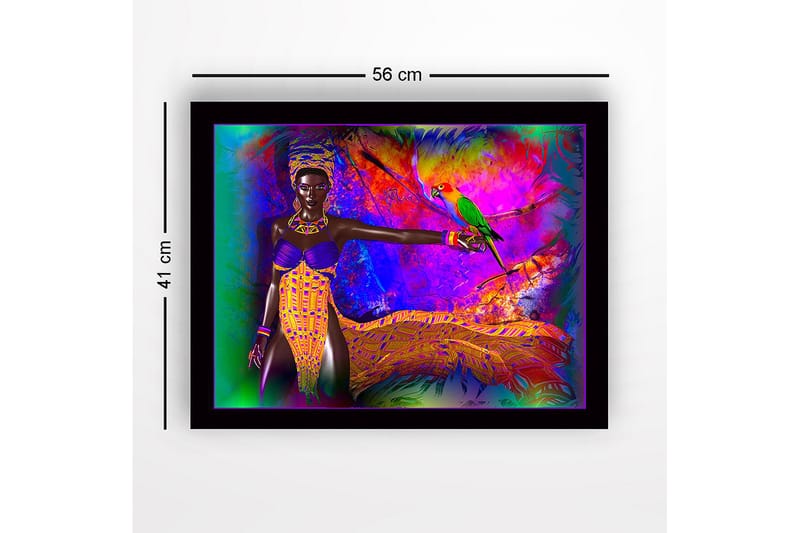 Innrammet lerret i tre - 41x56 cm - Fargerik kvinne med papegøye i et levende miljø - Lilla / Gul / Grønn - Innredning - Bilder & kunst