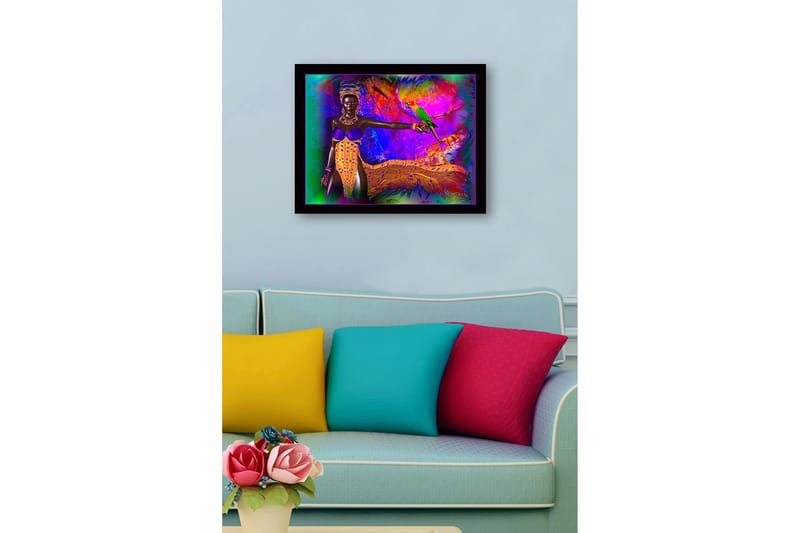 Innrammet lerret i tre - 41x56 cm - Fargerik kvinne med papegøye i et levende miljø - Lilla / Gul / Grønn - Innredning - Bilder & kunst