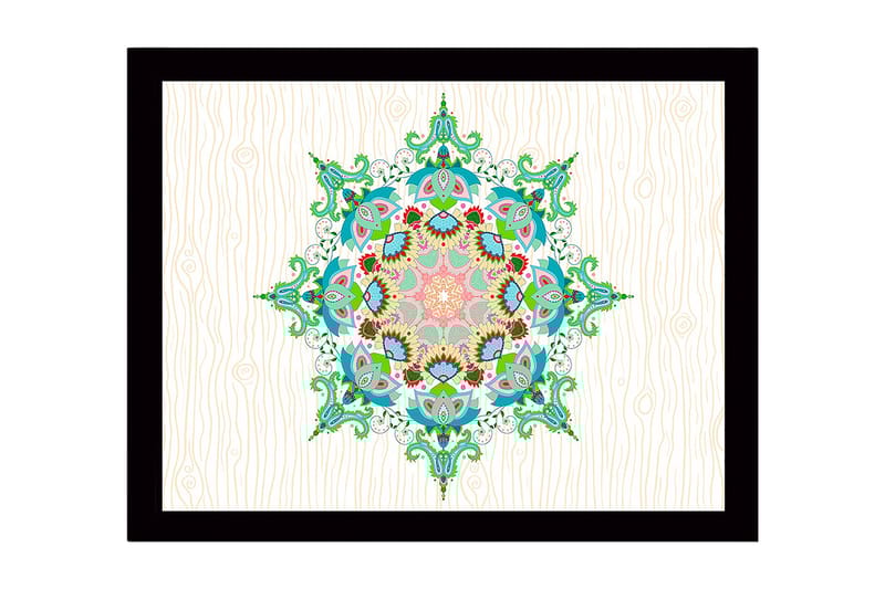 Innrammet lerret i tre - 41x56 cm - Fargerik mandala med intrikate mønstre, Grønn / Rosa / Blå