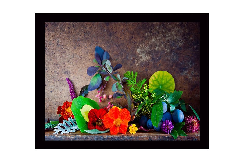 Innrammet lerret i tre - 41x56 cm - Fargerik samling av blomster og blader - Rød / Grønn / Lilla - Innredning - Bilder & kunst