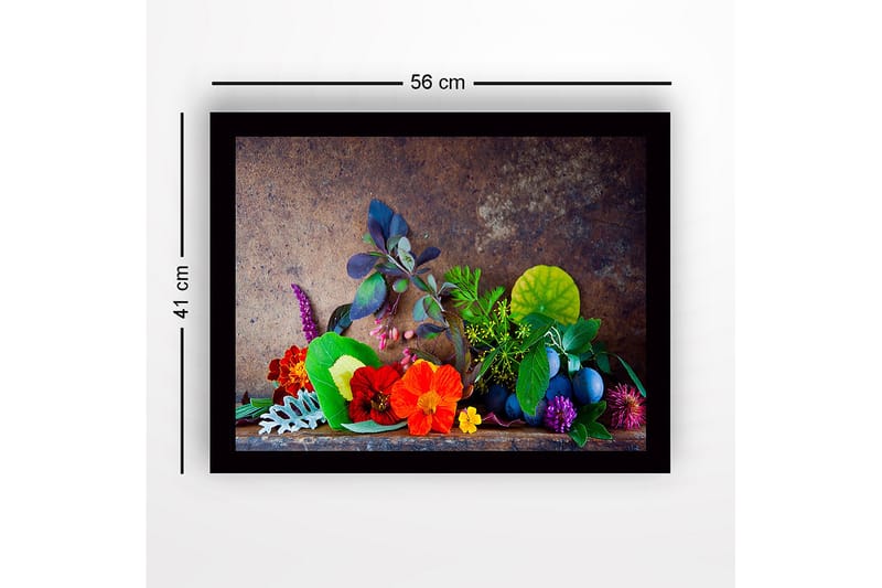 Innrammet lerret i tre - 41x56 cm - Fargerik samling av blomster og blader - Rød / Grønn / Lilla - Innredning - Bilder & kunst