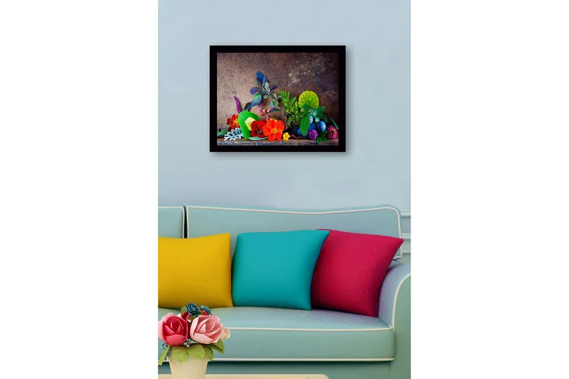 Innrammet lerret i tre - 41x56 cm - Fargerik samling av blomster og blader - Rød / Grønn / Lilla - Innredning - Bilder & kunst