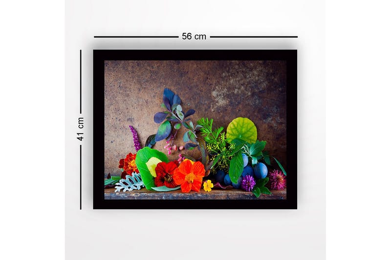 Innrammet lerret i tre - 41x56 cm - Fargerik samling av blomster og blader - Rød / Grønn / Lilla - Innredning - Bilder & kunst