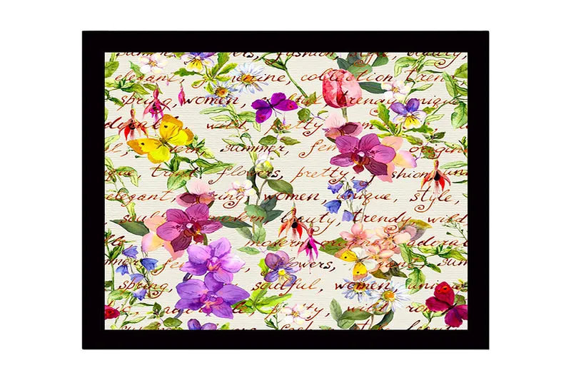 Innrammet lerret i tre - 41x56 cm - Fargerik samling av blomster og sommerfugler - Lilla / Rosa / Gul - Innredning - Bilder & kunst