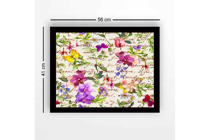 Innrammet lerret i tre - 41x56 cm - Fargerik samling av blomster og sommerfugler - Lilla / Rosa / Gul - Innredning - Bilder & kunst