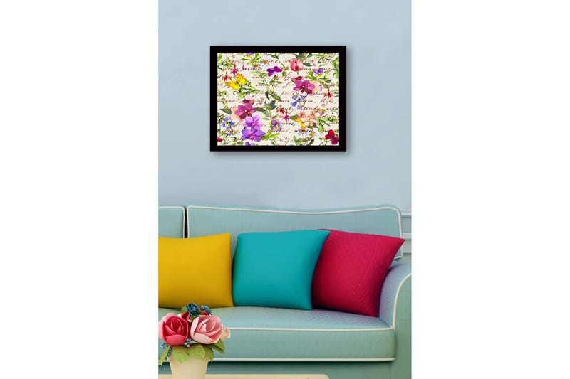 Innrammet lerret i tre - 41x56 cm - Fargerik samling av blomster og sommerfugler - Lilla / Rosa / Gul - Innredning - Bilder & kunst