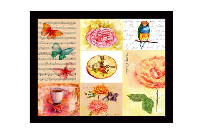 Innrammet lerret i tre - 41x56 cm - Fargerik samling av blomster og sommerfugler - Rosa / Grønn / Oransje - Innredning - Bilder & kunst