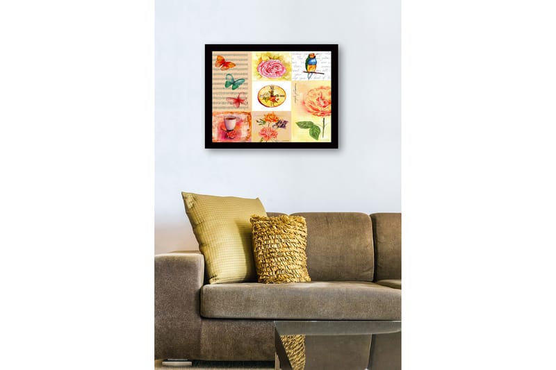 Innrammet lerret i tre - 41x56 cm - Fargerik samling av blomster og sommerfugler - Rosa / Grønn / Oransje - Innredning - Bilder & kunst