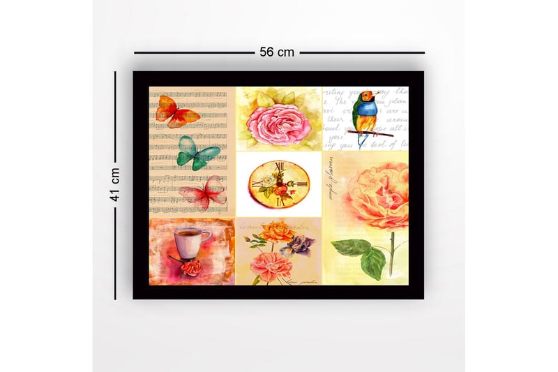 Innrammet lerret i tre - 41x56 cm - Fargerik samling av blomster og sommerfugler - Rosa / Grønn / Oransje - Innredning - Bilder & kunst