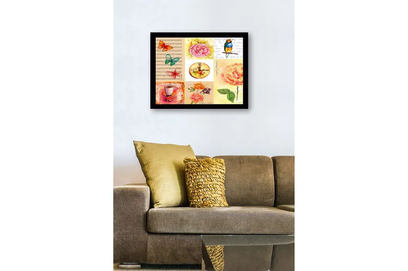 Innrammet lerret i tre - 41x56 cm - Fargerik samling av blomster og sommerfugler - Rosa / Grønn / Oransje - Innredning - Bilder & kunst