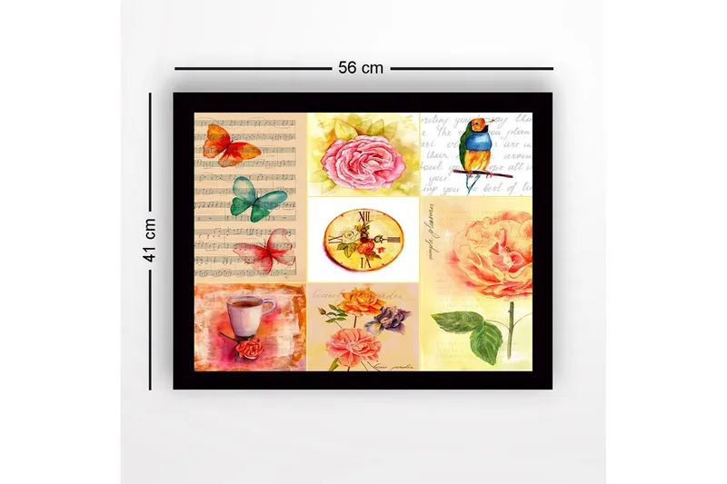 Innrammet lerret i tre - 41x56 cm - Fargerik samling av blomster og sommerfugler - Rosa / Grønn / Oransje - Innredning - Bilder & kunst