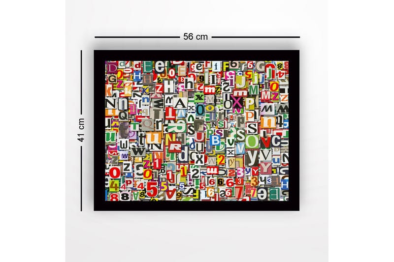 Innrammet lerret i tre - 41x56 cm - Fargerik samling av bokstaver og tall - Rød / Grønn / Gul - Innredning - Bilder & kunst