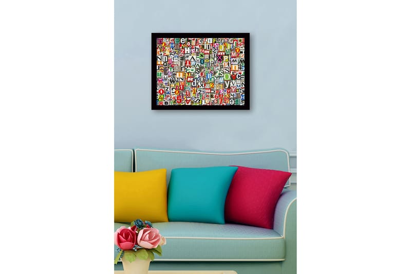 Innrammet lerret i tre - 41x56 cm - Fargerik samling av bokstaver og tall - Rød / Grønn / Gul - Innredning - Bilder & kunst