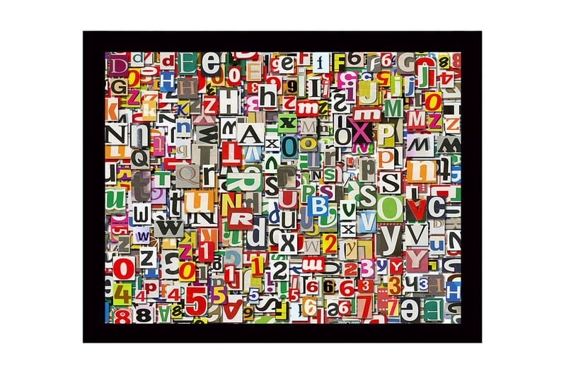 Innrammet lerret i tre - 41x56 cm - Fargerik samling av bokstaver og tall, Rød / Grønn / Gul