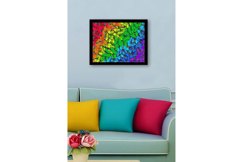 Innrammet lerret i tre - 41x56 cm - Fargerik samling av sommerfugler i forskjellige nyanser - Grønn / Blå / Rød - Innredning - Bilder & kunst
