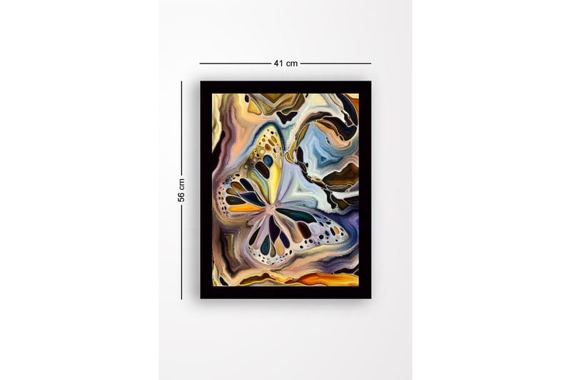 Innrammet lerret i tre - 41x56 cm - Fargerik sommerfugl i abstrakt komposisjon - Gull / Blå / Svart - Innredning - Bilder & kunst