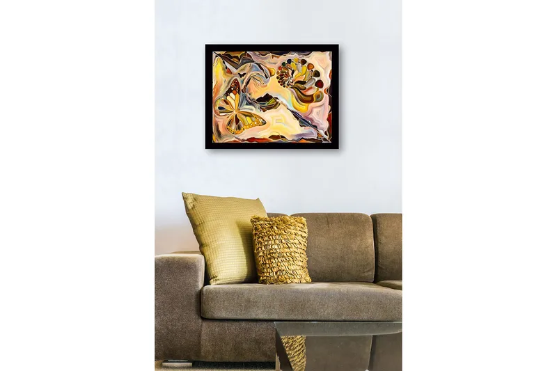 Innrammet lerret i tre - 41x56 cm - Fargerik sommerfugl i en abstrakt komposisjon med skjellformede elementer - Gull / Oransje / Brun - Innredning - Bilder & kunst