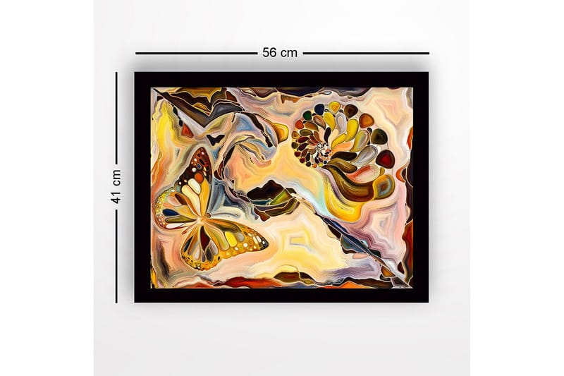 Innrammet lerret i tre - 41x56 cm - Fargerik sommerfugl i en abstrakt komposisjon med skjellformede elementer - Gull / Oransje / Brun - Innredning - Bilder & kunst