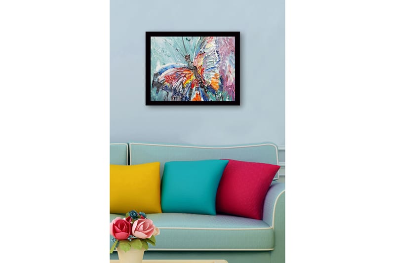 Innrammet lerret i tre - 41x56 cm - Fargerik sommerfugl med detaljert tekstur - Blå / Rød / Oransje - Innredning - Bilder & kunst