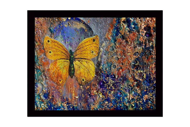 Innrammet lerret i tre - 41x56 cm - Fargerik sommerfugl med detaljert tekstur i bakgrunnen - Gull / Blå / Oransje - Innredning - Bilder & kunst