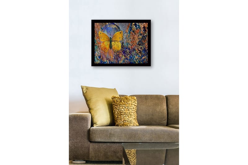 Innrammet lerret i tre - 41x56 cm - Fargerik sommerfugl med detaljert tekstur i bakgrunnen - Gull / Blå / Oransje - Innredning - Bilder & kunst