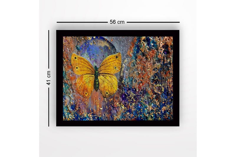 Innrammet lerret i tre - 41x56 cm - Fargerik sommerfugl med detaljert tekstur i bakgrunnen - Gull / Blå / Oransje - Innredning - Bilder & kunst