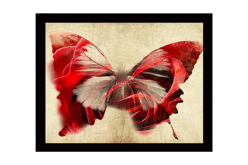Innrammet lerret i tre - 41x56 cm - Fargerik sommerfugl med elementer av ansikter - Rød / Grå / Beige - Innredning - Bilder & kunst