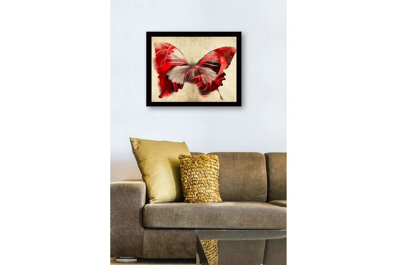 Innrammet lerret i tre - 41x56 cm - Fargerik sommerfugl med elementer av ansikter - Rød / Grå / Beige - Innredning - Bilder & kunst