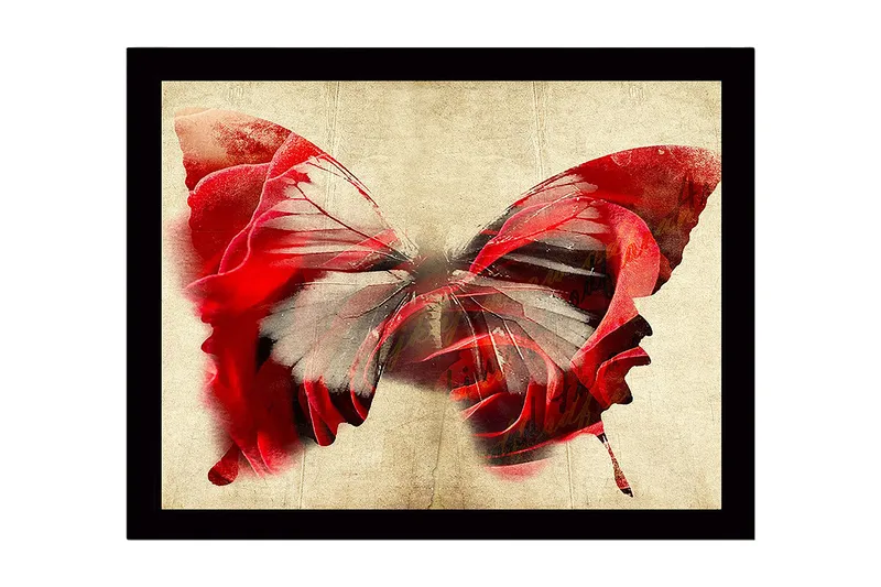Innrammet lerret i tre - 41x56 cm - Fargerik sommerfugl med elementer av ansikter - Rød / Grå / Beige - Innredning - Bilder & kunst