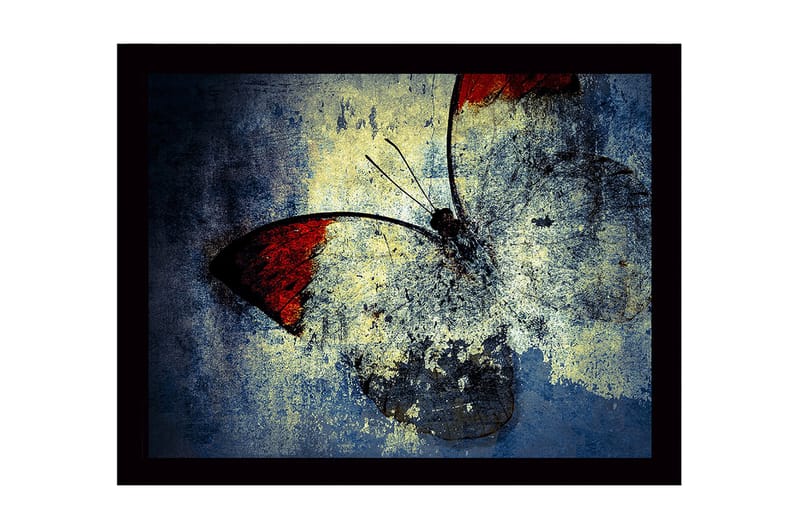 Innrammet lerret i tre - 41x56 cm - Fargerik sommerfugl med røde vinger, Rød / Blå / Gul