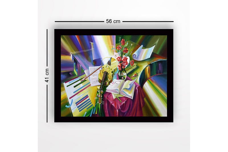 Innrammet lerret i tre - 41x56 cm - Fargerik stillhet med instrumenter og blomster - Grønn / Rød / Gul - Innredning - Bilder & kunst