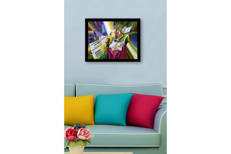 Innrammet lerret i tre - 41x56 cm - Fargerik stillhet med instrumenter og blomster - Grønn / Rød / Gul - Innredning - Bilder & kunst