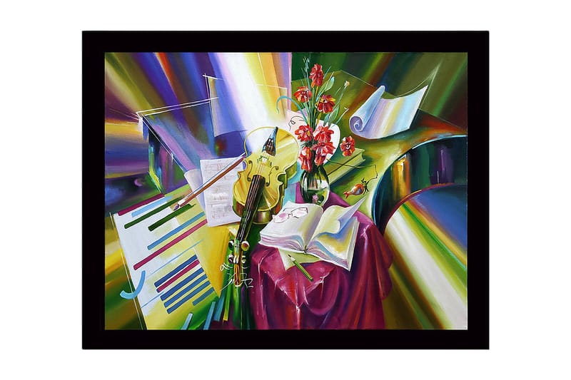 Innrammet lerret i tre - 41x56 cm - Fargerik stillhet med instrumenter og blomster, Grønn / Rød / Gul