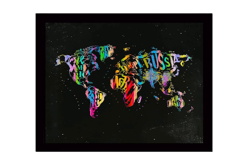 Innrammet lerret i tre - 41x56 cm - Fargerik verdenskart laget av bokstaver og tekst - Lilla / Grønn / Rød - Innredning - Bilder & kunst