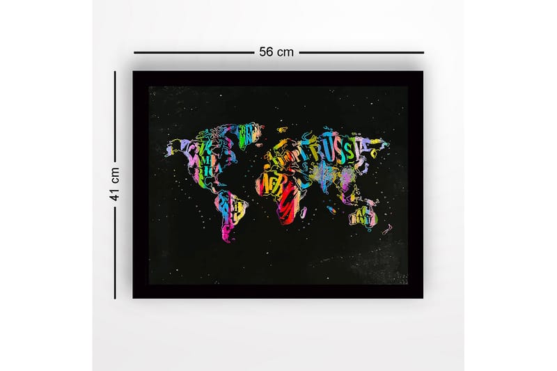 Innrammet lerret i tre - 41x56 cm - Fargerik verdenskart laget av bokstaver og tekst - Lilla / Grønn / Rød - Innredning - Bilder & kunst
