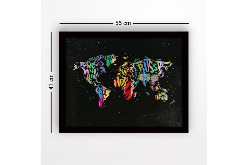 Innrammet lerret i tre - 41x56 cm - Fargerik verdenskart laget av bokstaver og tekst - Lilla / Grønn / Rød - Innredning - Bilder & kunst