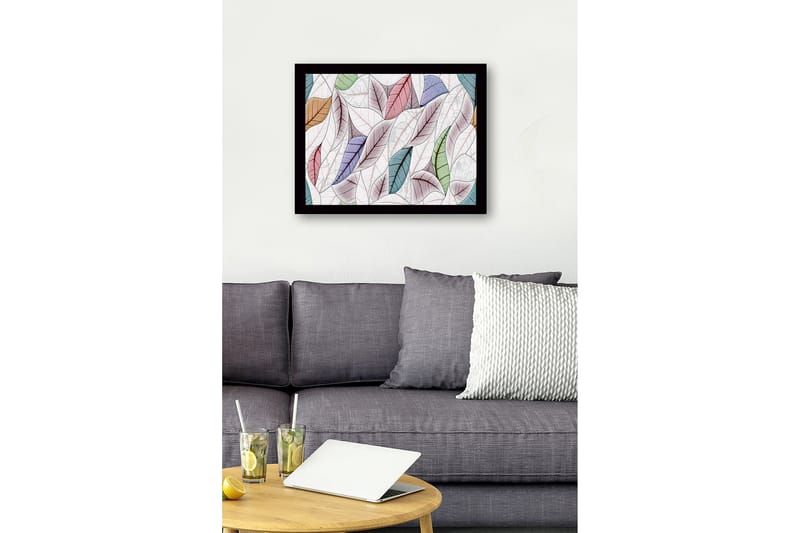 Innrammet lerret i tre - 41x56 cm - Fargerike blader i en harmonisk komposisjon - Grønn / Rosa / Blå - Innredning - Bilder & kunst