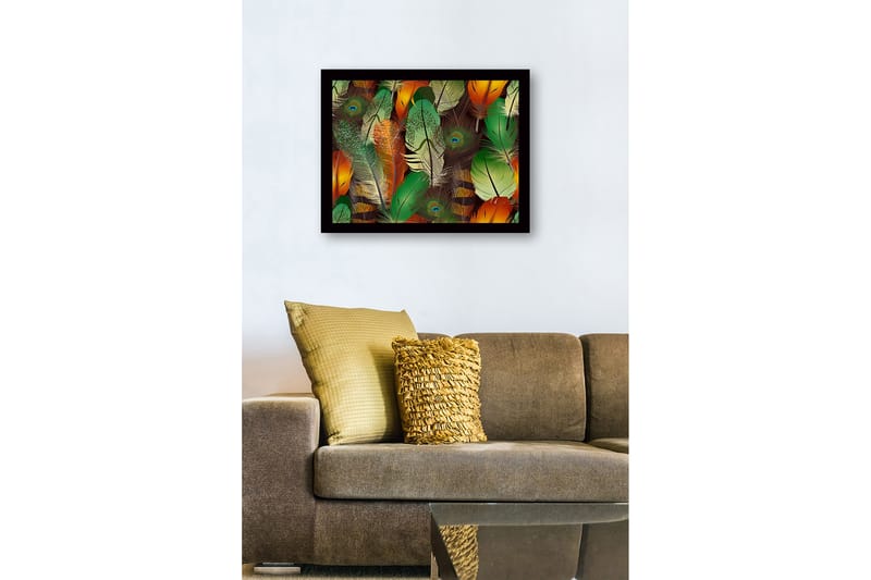 Innrammet lerret i tre - 41x56 cm - Fargerike fjær i en livlig komposisjon - Grønn / Oransje / Gul - Innredning - Bilder & kunst