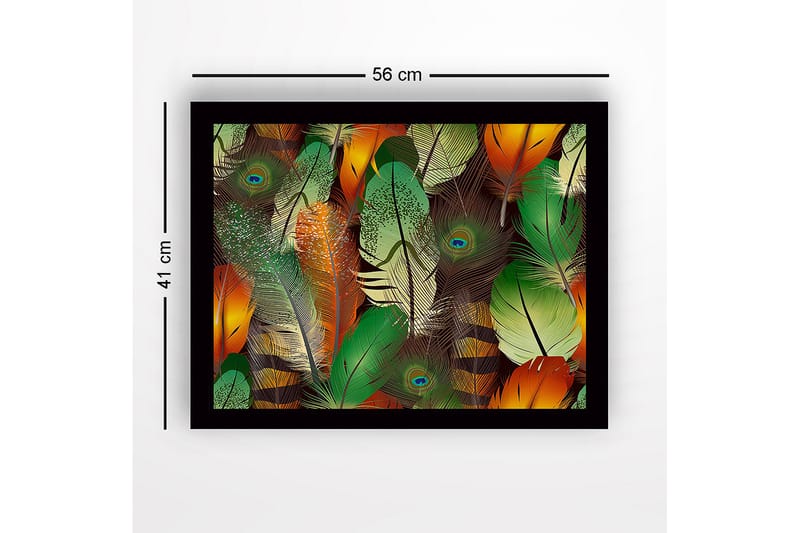Innrammet lerret i tre - 41x56 cm - Fargerike fjær i en livlig komposisjon - Grønn / Oransje / Gul - Innredning - Bilder & kunst