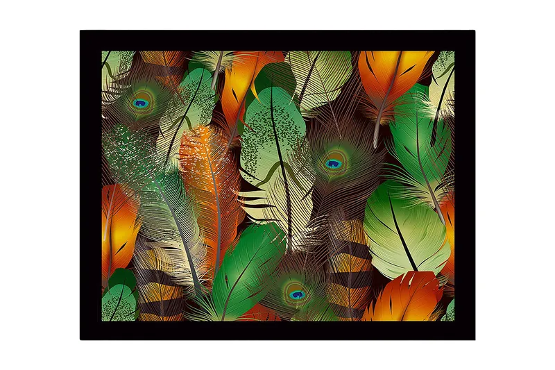 Innrammet lerret i tre - 41x56 cm - Fargerike fjær i en livlig komposisjon - Grønn / Oransje / Gul - Innredning - Bilder & kunst