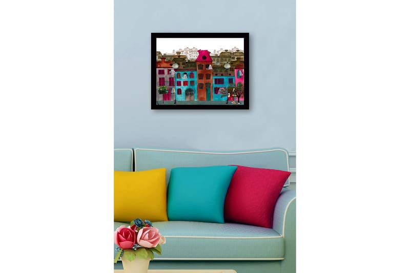 Innrammet lerret i tre - 41x56 cm - Fargerike hus i et urbant miljø - Rosa / Turkis / Rød - Innredning - Bilder & kunst
