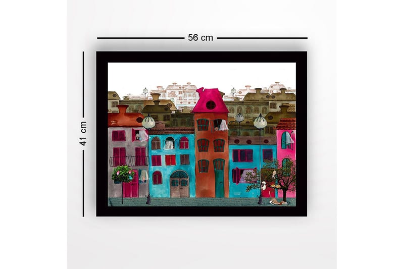 Innrammet lerret i tre - 41x56 cm - Fargerike hus i et urbant miljø - Rosa / Turkis / Rød - Innredning - Bilder & kunst
