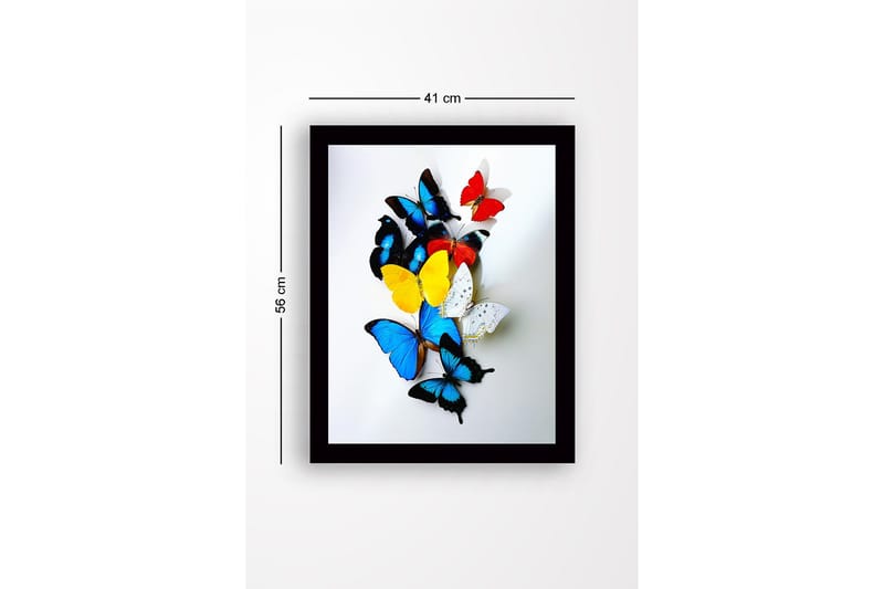 Innrammet lerret i tre - 41x56 cm - Fargerike sommerfugler i en dynamisk komposisjon - Blå / Gul / Rød - Innredning - Bilder & kunst