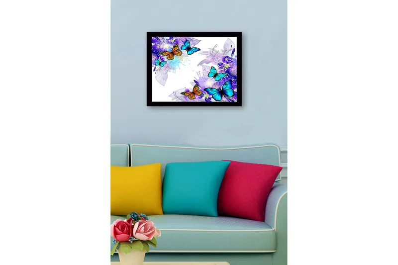 Innrammet lerret i tre - 41x56 cm - Fargerike sommerfugler i en livlig komposisjon - Blå / Oransje / Lilla - Innredning - Bilder & kunst